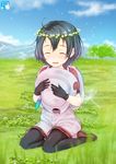  :d ^_^ backpack bag bangs black_gloves black_hair black_legwear blurry brown_footwear circle_name closed_eyes cloud commentary dandelion_seed day depth_of_field facing_viewer flower_wreath gloves grass hat hat_feather hat_removed head_wreath headwear_removed helmet highres holding holding_hat kaban_(kemono_friends) kemono_friends kisaragi_miyu mountain open_mouth outdoors pantyhose pantyhose_under_shorts parted_lips pink_shorts pith_helmet red_shirt shirt shoes short_hair short_sleeves shorts sitting sky smile solo watermark yokozuwari 