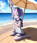  azur_lane beach blue_eyes blush breasts cleavage cloud crown day embarrassed gloves hair_ribbon highres holding holding_weapon javelin_(azur_lane) lazy_guang_guang looking_at_viewer ocean outdoors parasol polearm purple_hair ribbon sky small_breasts solo spear thighhighs tongue tongue_out umbrella weapon wet white_legwear 