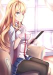  black_legwear blonde_hair blue_eyes blue_skirt booklet couch cowboy_shot curtains day from_side gloves green_eyes hand_up highres holding holding_pen indoors jacket kongou_(zhan_jian_shao_nyu) legs_together light long_hair looking_to_the_side open_mouth pantyhose pen pen_to_chin pleated_skirt shadow sitting skirt smile solo sunlight white_gloves white_jacket wide_sleeves window zhan_jian_shao_nyu zhixiang_zhi 
