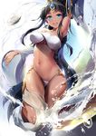  arm_up armpits ass_visible_through_thighs bare_shoulders black_hair blue_eyes breasts character_request commentary_request cup dark_skin detached_sleeves eyebrows_visible_through_hair forever_7th_capital gem highres jewelry large_breasts long_hair looking_at_viewer navel open_mouth panties round_teeth see-through shuffle_(songdatiankong) sidelocks solo standing standing_on_one_leg tan teeth tiara underwear upper_teeth very_long_hair water water_drop white_panties wide_sleeves 