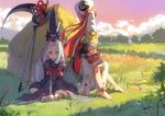  :o absurdres anklet barefoot black_hair closed_eyes cloud day flower grass hat hay_bale highres indian_style japanese_clothes jewelry kurodouji looking_at_viewer miko multiple_boys onmyoji open_mouth outdoors pink_sky scythe shirodouji short_eyebrows shoufu sitting smile tate_eboshi white_hair wide_sleeves yellow_eyes 