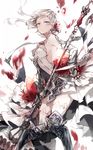  asymmetrical_hair bangs blue_eyes blush breasts closed_mouth commentary_request dress floating_hair flower fukuda935 highres long_hair long_sleeves medium_breasts petals polearm red_flower red_rose rose sideboob silver_hair sinoalice snow_white_(sinoalice) solo thighhighs weapon white_dress white_legwear 