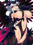 black_wings blush breasts covered_nipples dangan_neko feathers gauntlets headgear inma_kourin_devil_carnival large_breasts looking_at_viewer navel open_mouth red_eyes short_hair silver_hair simple_background smile solo sword weapon white_background wings 