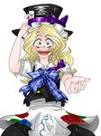  alice_in_wonderland blonde_hair cosplay hat kirisame_marisa mad_hatter mad_hatter_(cosplay) md5_mismatch milkyteaart open_mouth ribbon self_upload smile touhou yellow_eyes 