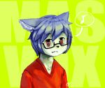  2016 anthro blue_hair cat catto_(devil-vox) chest_tuft clothed clothing eyewear feline glasses green_background hair inner_ear_fluff male mammal musical_note panzery25 pictographics red_eyes signature simple_background solo text tuft 