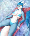  anthro bikini blue_hair breasts clothing dragon female hair horn kyotokisha15 looking_at_viewer solo swimsuit water yellow_eyes 