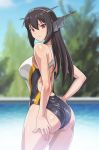  1girl ass back_cutout bangs bare_arms bare_shoulders black_hair black_swimsuit breasts closed_mouth commentary_request competition_swimsuit cowboy_shot day from_behind hand_on_hip headgear kantai_collection large_breasts long_hair looking_at_viewer looking_back monteriakitto nagato_(kantai_collection) one-piece_swimsuit outdoors pool poolside red_eyes shiny shiny_clothes shiny_skin solo swimsuit tree water 