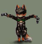  2016 anthro armor barefoot body_armor canine clothed clothing dual_wielding fox green_background gun handgun helmet holding_object holding_weapon inner_ear_fluff male mammal panzery25 ranged_weapon revolver signature simple_background solo standing weapon 