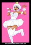  :d bare_shoulders boots breasts dark_skin green_eyes looking_at_viewer medium_breasts microphone open_mouth original smile thighhighs white_hair white_legwear yamada_satoshi 