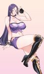  black_footwear boots breasts cleavage covered_nipples cross-laced_footwear fate/grand_order fate_(series) fingerless_gloves gloves high_heel_boots high_heels k52 lace-up_boots large_breasts long_hair midriff minamoto_no_raikou_(fate/grand_order) purple_eyes purple_hair race_queen solo thigh_boots thighhighs very_long_hair 