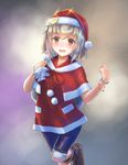  :d aoyuki bead_bracelet beads blush bracelet brown_eyes brown_footwear hair_ornament hat highres jewelry leaf_(sennen_sensou_aigis) light_brown_hair looking_at_viewer open_mouth over_shoulder sack santa_costume santa_hat sennen_sensou_aigis shoes shorts smile solo standing 