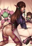  1girl adapted_costume all_fours ass bodysuit breasts brown_eyes brown_hair character_doll chips condom d.va_(gremlin) d.va_(overwatch) gloves gun handgun headphones kachima lips long_hair looking_at_viewer looking_back medium_breasts meka_(overwatch) mountain_dew mouth_hold nose overwatch pillow pilot_suit pistol solo weapon whisker_markings white_gloves 
