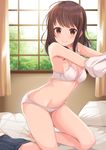  aibumi arched_back bare_shoulders barefoot bed bed_sheet bow bow_bra bow_panties bra breasts brown_eyes brown_hair closed_mouth collarbone curtains day full_body highres indoors kneeling leaning_forward lips looking_at_viewer medium_breasts morikura_en_(style) navel no_legwear on_bed original panties pillow pleated_skirt shirt sideboob skirt skirt_around_one_leg skirt_removed smile solo stomach thighs underwear underwear_only undressing white_bra white_panties white_shirt window 