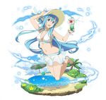  :d arm_up asuna_(sao) asuna_(sao-alo) bikini bikini_skirt blue_eyes blue_hair blue_ribbon bracelet breasts cleavage collarbone floating_hair flower full_body hat hat_ribbon head_tilt hibiscus holding jewelry long_hair looking_at_viewer medium_breasts necklace official_art open_mouth palm_tree pointy_ears ribbon sideboob simple_background smile solo sun_hat swimsuit sword_art_online sword_art_online:_code_register tree very_long_hair white_background white_bikini white_flower white_hat 