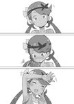  3koma apron arm_up armpits bare_shoulders blush blush_stickers closed_eyes collarbone comic commentary_request dark_skin flower greyscale hair_flower hair_ornament hair_twirling looking_at_viewer mao_(pokemon) monochrome nervous ookamiuo open_mouth overalls pokemon pokemon_(game) pokemon_sm shy simple_background sweatdrop textless trial_captain twintails upper_body white_background 