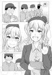  alternate_costume beret burn_scar casual comic commentary english_commentary greyscale hat highres kantai_collection kashima_(kantai_collection) lunchbox monochrome multiple_boys robba-san_(wangphing) scar smile twintails wangphing 