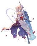  black_legwear blue_eyes breasts cleavage dress gloves holding holding_sword holding_weapon koyorin looking_at_viewer medium_breasts petals simple_background sinoalice snow_white_(sinoalice) solo sword thighhighs weapon white_background white_hair 