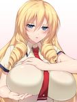  between_breasts blonde_hair blue_eyes blush breasts busou_shoujo_machiavellism commentary_request drill_hair gradient gradient_background hair_between_eyes hands_on_own_chest kikakujou_mary large_breasts long_hair looking_at_viewer minamon_(vittel221) nail_polish necktie necktie_between_breasts parted_lips pink_nails red_neckwear school_uniform short_sleeves solo upper_body 