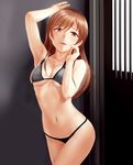  arm_behind_head arm_up armpits bangs bare_arms bare_legs bare_shoulders bikini black_bikini blush breasts brown_eyes brown_hair cleavage collarbone commentary_request contrapposto cowboy_shot eyebrows_visible_through_hair hair_between_eyes hand_on_own_face highres idolmaster idolmaster_cinderella_girls indoors legs_together long_hair looking_at_viewer medium_breasts micro_bikini midriff navel nitta_minami parted_lips pink_lips raised_eyebrows sliding_doors slit_pupils smile solo standing stomach strap_gap string_bikini swimsuit taka_(takahirokun) underboob 