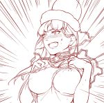  1girl blush breasts chains hat hecatia_lapislazuli highres hiyuu_(flying_bear) monochrome motion_lines open_mouth sketch smile solo touhou undressing 
