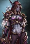  abs absurdres armor blue_skin boots bow breasts dandon_fuga feathers gloves highres hood huge_filesize large_breasts pointy_ears red_eyes solo sylvanas_windrunner thigh_boots thighhighs toned warcraft weapon world_of_warcraft 
