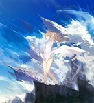  ajahweea bangs bare_legs bare_shoulders blonde_hair blue_eyes blue_sky blunt_bangs bracelet breasts clothes_tug cloud cloudy_sky day dress dress_tug earrings floating_hair full_body gem hair_tousle hand_in_hair highres jewelry long_hair looking_at_viewer original outdoors parted_lips pointy_ears rock sky sleeveless sleeveless_dress small_breasts solo standing stone torn_clothes torn_dress white_dress wind wind_lift 