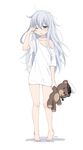  alternate_costume arm_at_side bad_id bad_pixiv_id bare_legs barefoot blue_eyes cnm full_body hat hibiki_(kantai_collection) highres kantai_collection long_hair messy_hair one_eye_closed peaked_cap shirt silver_hair simple_background sleepwear sleepy solo standing stuffed_animal stuffed_toy teddy_bear toes verniy_(kantai_collection) white_background white_shirt 