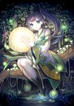  absurdres black_hair blue_eyes bow green_nails hair_bow highres lily_pad log looking_at_viewer maccha_(mochancc) mushroom nail_polish onmyoji parted_lips plant ponytail sitting solo tassel white_legwear wide_sleeves ying_grass 