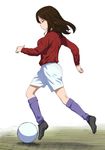  a1 ball black_footwear breasts brown_eyes brown_hair cleats closed_mouth commentary_request expressionless from_side full_body girls_und_panzer kneehighs large_breasts long_sleeves nonna profile purple_legwear red_shirt shirt shoes shorts soccer soccer_ball solo white_background white_shorts 
