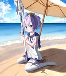  absurdres azur_lane beach blue_eyes breasts cleavage cloud crown day gloves hair_ribbon highres javelin_(azur_lane) lazy_guang_guang looking_at_viewer ocean outdoors parasol polearm purple_hair ribbon sky small_breasts solo spear thighhighs umbrella weapon white_legwear 