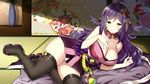  azur_lane bare_shoulders black_legwear breasts brown_hair closed_mouth detached_collar eyebrows_visible_through_hair flipped_hair hair_ornament hand_on_own_chest highres houshou_(azur_lane) indoors japanese_clothes kimono large_breasts long_hair looking_at_viewer lying mole mole_under_eye obi on_side panties purple_hair sandals sash short_kimono sitting sky_(freedom) sleeveless sleeveless_kimono smile solo tatami thighhighs underwear white_panties yokozuwari 