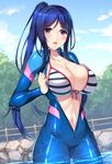  bikini blue_hair blue_sky breasts cleavage cloud collarbone commentary_request cowboy_shot day diving_suit eyebrows_visible_through_hair fence front-tie_top large_breasts long_hair love_live! love_live!_sunshine!! matsuura_kanan minamon_(vittel221) navel open_clothes open_mouth outdoors purple_eyes sky solo standing swimsuit tree unzipped very_long_hair wading water wet wooden_fence 