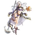  alternate_costume athenawyrm bikini boots brown_footwear brown_gloves cloak female_my_unit_(fire_emblem:_kakusei) fire_emblem fire_emblem:_kakusei fire_emblem_heroes fish fishing_net gloves jacket_on_shoulders looking_at_viewer my_unit_(fire_emblem:_kakusei) navel o-ring o-ring_bikini o-ring_top octopus polearm silver_hair simple_background smile solo stomach swimsuit thigh_strap trident twintails weapon 