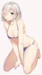  :o absurdres bare_shoulders between_legs bikini blue_bikini blue_eyes breasts choker cleavage collarbone glint groin hair_ornament hair_over_one_eye hairclip hamakaze_(kantai_collection) highres kantai_collection kneeling looking_at_viewer medium_breasts nail_polish navel open_mouth rikoma shiny shiny_skin short_hair side-tie_bikini silver_hair simple_background solo swimsuit white_background 