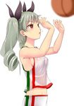  anchovy basketball blush breasts covered_nipples drill_hair girls_und_panzer green_hair groin hair_ornament hair_ribbon kuku123 long_hair medium_breasts no_bra open_mouth red_eyes ribbon sideboob simple_background solo sportswear sweat twintails white_background 