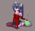  :&lt; animal_ears ass blue_hair breasts cat_ears cat_tail closed_mouth dress elbow_gloves formerly gloves long_hair medium_breasts noihara_himari omamori_himari panties ponytail purple_eyes red_dress red_gloves sitting solo tail thighhighs underwear v-shaped_eyebrows 