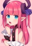  back bangs blue_eyes blush elizabeth_bathory_(fate) elizabeth_bathory_(fate)_(all) fang fate/extra fate/extra_ccc fate_(series) gloves heart heart-shaped_pupils horns karokuchitose long_hair looking_at_viewer looking_back open_mouth partly_fingerless_gloves pink_gloves pink_hair pointy_ears solo sparkle symbol-shaped_pupils upper_body wide_sleeves 