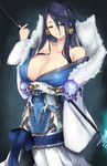  black_hair blue_eyes blush breasts closed_mouth collarbone commentary_request cowboy_shot dress earrings fur_trim highres japanese_clothes jewelry kaguya_hime_(sinoalice) kimono large_breasts long_hair long_neck long_sleeves looking_at_viewer off-shoulder_dress off_shoulder sinoalice skull smile solo tokorotn wide_sleeves 