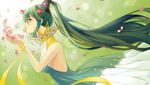  artist_name bare_shoulders breasts cocoaabx dress from_side green green_dress green_eyes green_hair hair_between_eyes hair_ornament hands_up hatsune_miku high_collar long_hair looking_away medium_breasts parted_lips petals profile ribbon sleeveless sleeveless_dress solo twintails upper_body very_long_hair vocaloid wrist_ribbon yellow_ribbon 