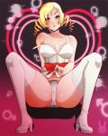  1girl bare_arms bare_shoulders blonde_hair blue_eyes blush breasts cameltoe catherine catherine_(game) choker collarbone dress dress_lift drill_hair eyebrows_visible_through_hair heart high_heels lips looking_at_viewer medium_breasts navel panties parted_lips redrabbu short_hair sitting solo spread_legs thighhighs thighs underwear white_dress white_legwear white_panties 