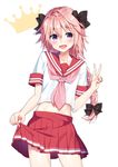 :d astolfo_(fate) bangs black_bow blouse blush bow braid commentary_request contrapposto cowboy_shot crop_top crown dot_nose eyebrows_visible_through_hair fang fate/apocrypha fate/grand_order fate_(series) hair_between_eyes hair_bow hair_intakes hand_up lifted_by_self long_hair looking_at_viewer male_focus masuishi_kinoto miniskirt navel neckerchief necktie open_mouth otoko_no_ko pink_hair pink_neckwear pleated_skirt purple_eyes raised_eyebrows red_sailor_collar red_skirt sailor_collar school_uniform serafuku shiny shiny_hair shirt short_sleeves simple_background single_braid skinny skirt skirt_lift sleeve_cuffs smile solo standing stomach v white_background white_blouse white_shirt 