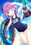  barefoot blue_innertube blush bow colonel_olcott_(fate/grand_order) covered_navel dutch_angle fate/grand_order fate_(series) hair_bow helena_blavatsky_(fate/grand_order) highres hitsujibane_shinobu innertube looking_at_viewer name_tag one-piece_swimsuit one_eye_closed open_mouth purple_eyes purple_hair school_swimsuit short_hair solo swimsuit 