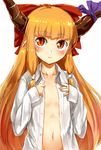  alternate_costume bangs blunt_bangs blush bow breasts buttons collarbone commentary_request dress_shirt flat_chest hair_bow highres horn_ribbon horns ibuki_suika long_hair long_sleeves looking_at_viewer naked_shirt navel nishiuri open_clothes open_shirt orange_eyes orange_hair pointy_ears red_bow ribbon shirt simple_background slit_pupils small_breasts solo stomach touhou unbuttoned unbuttoned_shirt upper_body very_long_hair white_background white_shirt 