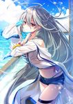  absurdres blush breasts cleavage collarbone denim denim_shorts emia_(castilla) eyebrows_visible_through_hair food highres laevateinn_(phantom_of_the_kill) large_breasts long_hair looking_at_viewer navel parted_lips phantom_of_the_kill popsicle red_eyes shorts silver_hair solo 