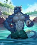  2017 abs akuro anthro biceps big_biceps big_muscles big_tail blue_scales blue_skin blue_tail bulge claws clothing cloud detailed_background dragon eyewear front_view glasses green_bottomwear hair hand_on_hip holding_object horn huge_muscles huge_tail island long_tail male manly multicolored_skin muscular muscular_arms muscular_legs muscular_male outside palm_tree partially_submerged pecs raccoon21 red_eyes rock scales scalie sea shell shorts signature sky smile snout solo tail_tuft thick_tail thick_thighs tree tuft two_tone_skin water wet white_claws white_hair white_horn white_skin 