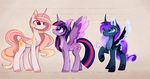 blue_eyes cosmic_hair cutie_mark equine feathered_wings feathers female feral friendship_is_magic group hair horn luna_(mlp magnaluna mammal my_little_pony pink_eyes pink_feathers pink_hair princess_celestia_(mlp) purple_eyes purple_feathers purple_hair simple_background smile twilight_sparkle_(mlp) winged_unicorn wings 