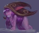  1girl all_fours animal_ears bent_over blush breasts condom condom_in_mouth condom_wrapper green_eyes heart-shaped_pupils highres league_of_legends long_hair lulu_(league_of_legends) nude purple_hair purple_skin small_breasts solo wizard_hat yordle 