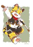  4_fingers anthro blush brown_eyes brown_fur clothed clothing cub feline fur male mammal melee_weapon navel pawpads shorts slightly_chubby sword tiger weapon white_fur wolfsoul yellow_fur young 