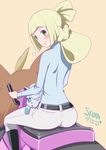  alolan_vulpix ass back bangs belt black_footwear blonde_hair blunt_bangs blush boots braid commentary_request dated french_braid from_behind green_eyes kamirenjaku_sanpei knee_boots lillie_(pokemon) long_sleeves looking_at_viewer looking_back older on_lap one_eye_closed pants pokemon pokemon_(anime) pokemon_(creature) pokemon_on_lap pokemon_sm_(anime) riding sitting smile tied_hair turtleneck white_pants 