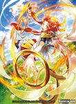  blonde_hair copyright_name flower force_of_will long_hair low_twintails multicolored_hair nail_polish noki_(affabile) official_art open_mouth pantyhose petals pointy_ears red_hair sky solo teeth twintails two-tone_hair wings yellow_eyes 